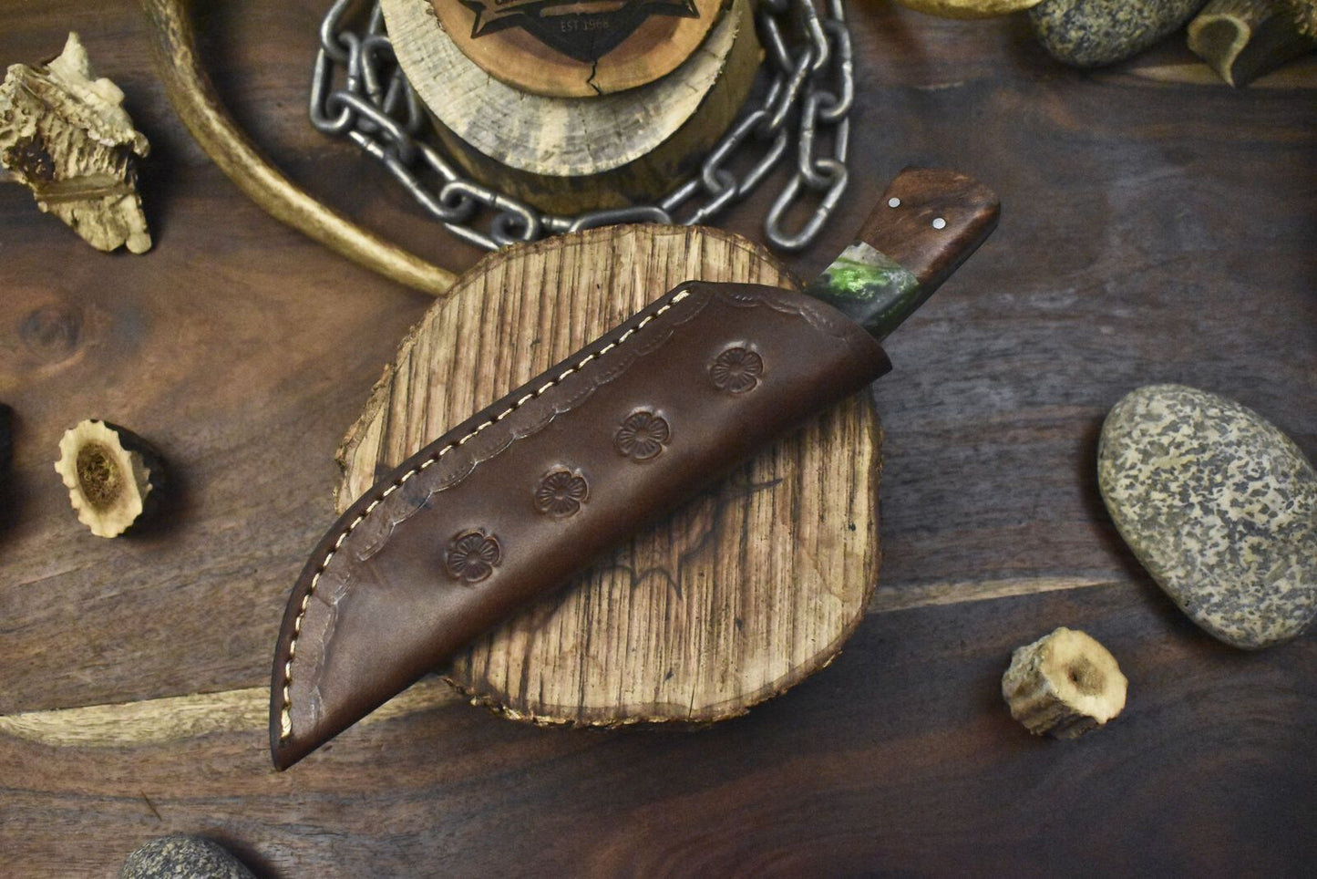 Handmade Twist Damascus Skinner Knife with Corian Handle – Gift for Hunters