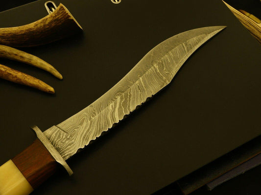 Large Damascus Steel Bowie Knife – 15 Inch Hunting Blade with Bone, Rosewood & Pakka Wood Handle