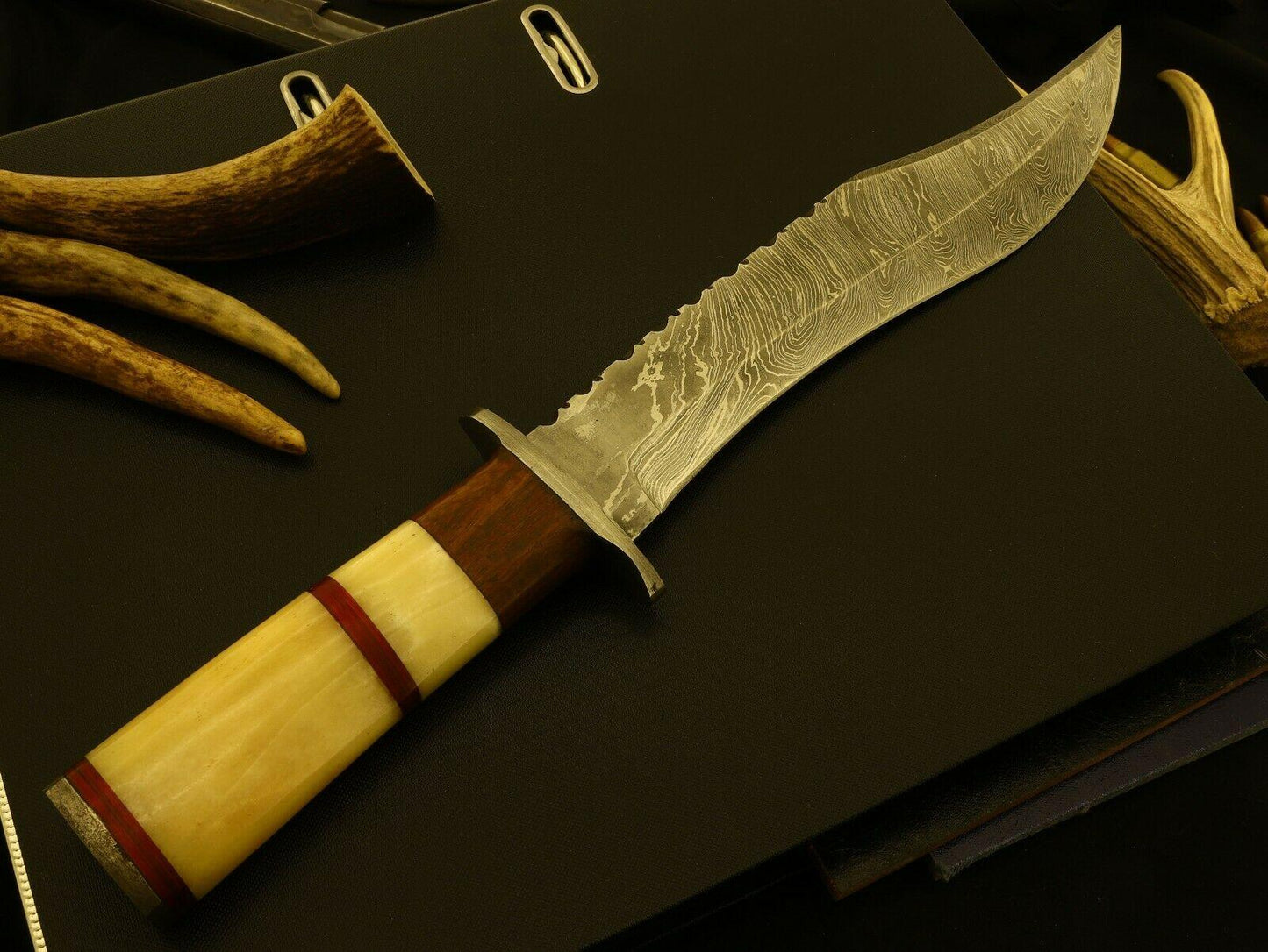 Large Damascus Steel Bowie Knife – 15 Inch Hunting Blade with Bone, Rosewood & Pakka Wood Handle