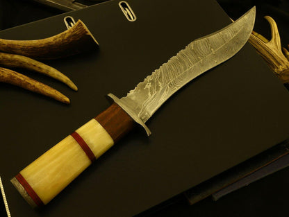 Large Damascus Steel Bowie Knife – 15 Inch Hunting Blade with Bone, Rosewood & Pakka Wood Handle