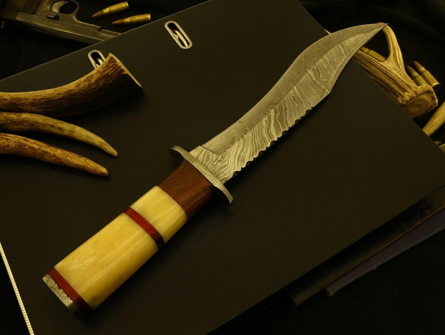 Large Damascus Steel Bowie Knife – 15 Inch Hunting Blade with Bone, Rosewood & Pakka Wood Handle