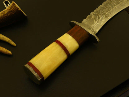 Large Damascus Steel Bowie Knife – 15 Inch Hunting Blade with Bone, Rosewood & Pakka Wood Handle