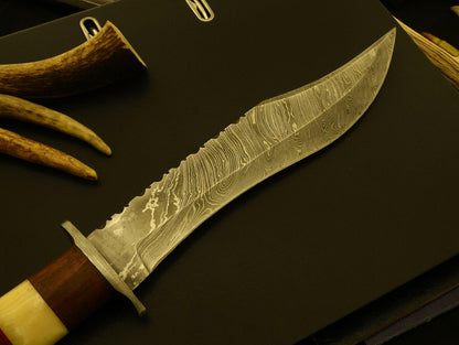 Large Damascus Steel Bowie Knife – 15 Inch Hunting Blade with Bone, Rosewood & Pakka Wood Handle