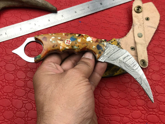 Hand Forged Damascus Karambit Knife Full Tang Karambit Damascus Steel With Resin Handle