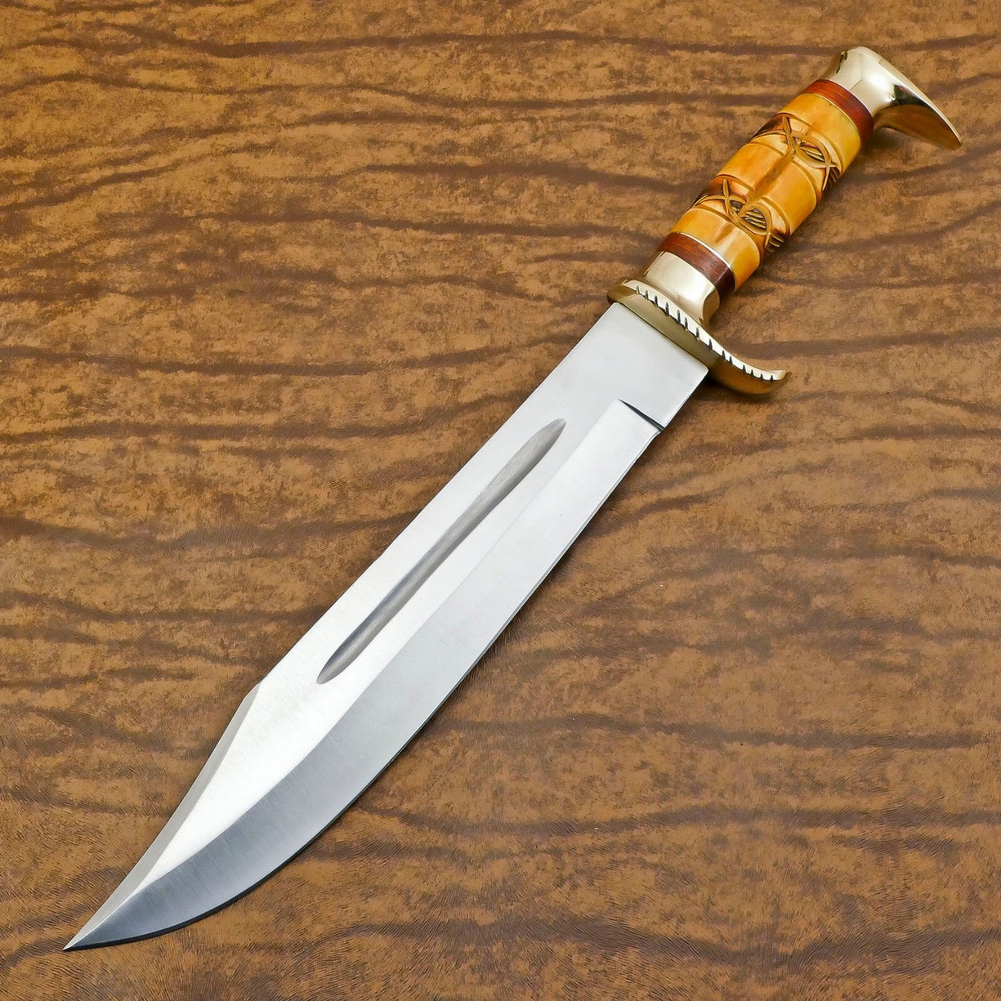 Handmade D2 Engraved Bone Handle Bowie Knife | 13" Custom Hunting & Camping Knife