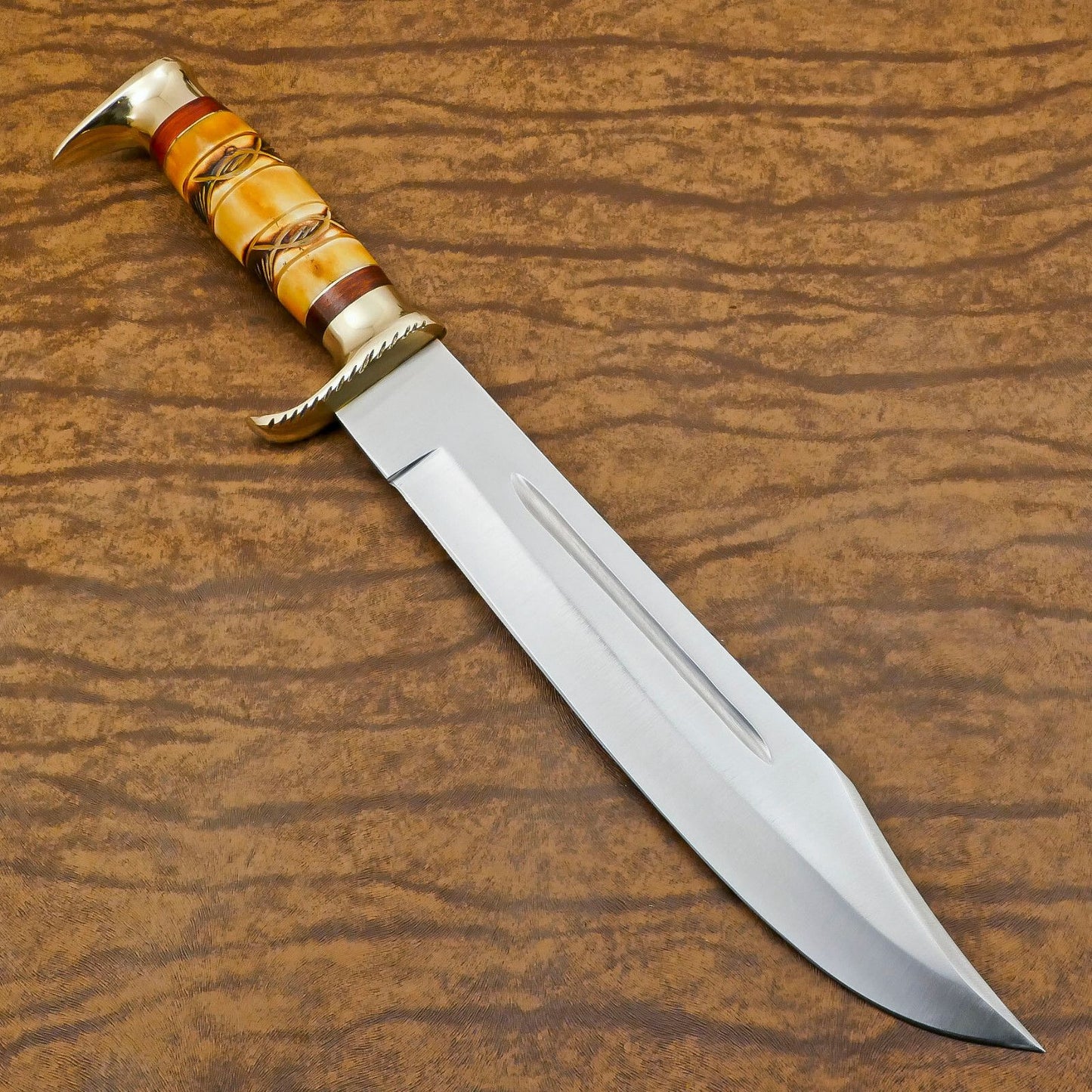 Handmade D2 Engraved Bone Handle Bowie Knife | 13" Custom Hunting & Camping Knife