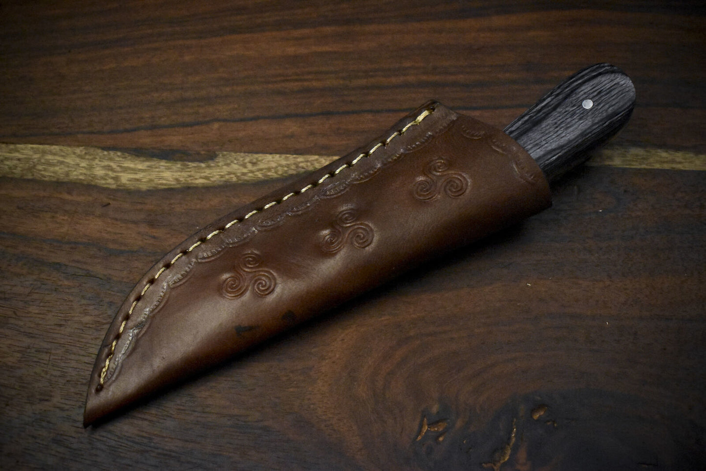 7.5" Twist Damascus Skinner Knife Hardwood Handle Wooden Bolster Custom Gift