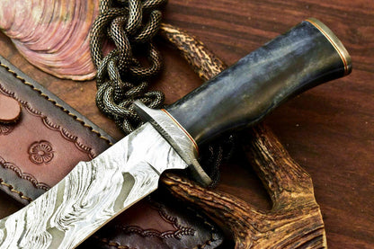 12" Handmade Damascus Bowie Hunting Knife | Camel Bone Handle