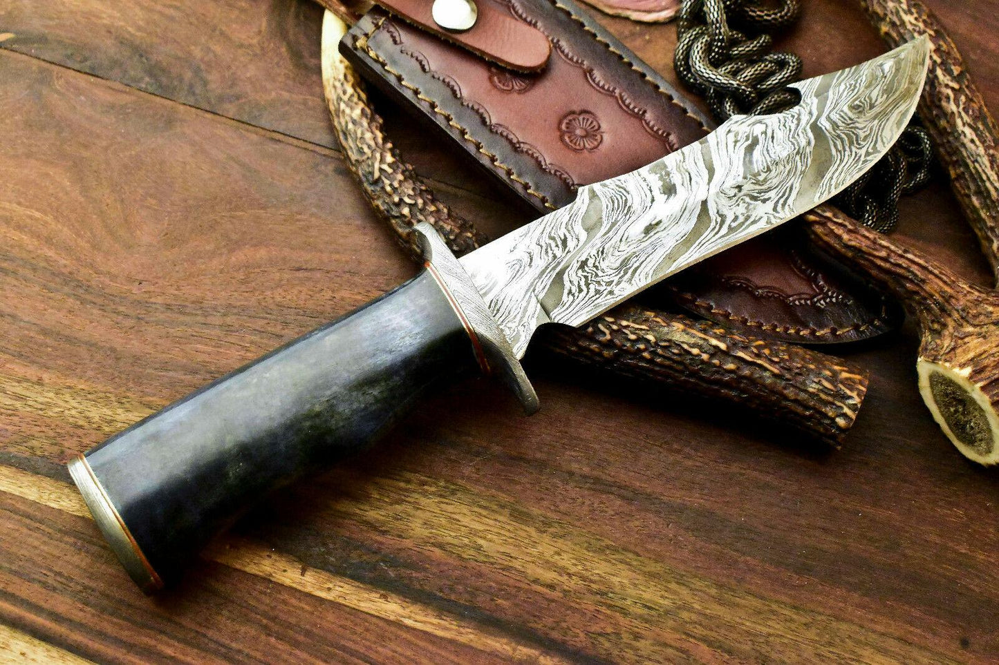 12" Handmade Damascus Bowie Hunting Knife | Camel Bone Handle