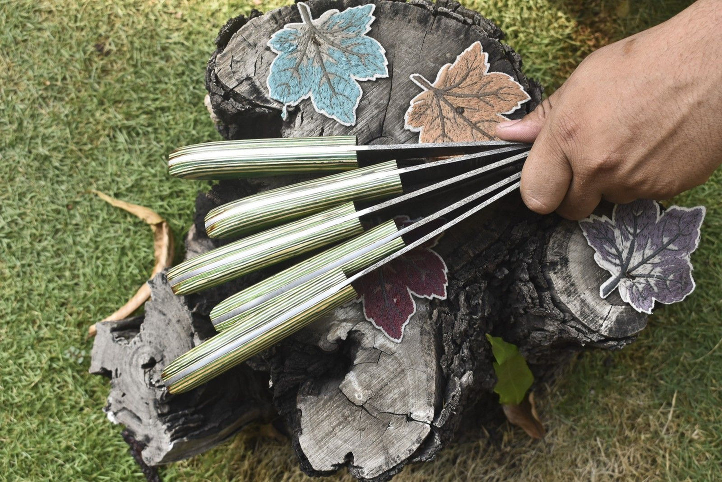 Forged Twist Damascus Chef Knives – Hardwood Handle Lot of 5 | Outdoor Closeout Set