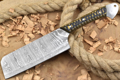 Custom Handmade Damascus Steel Chef Knife – 11" Kitchen Knife with 6" Blade & Black/Yellow Dollar Cleaver Sturl Open Tang Handle