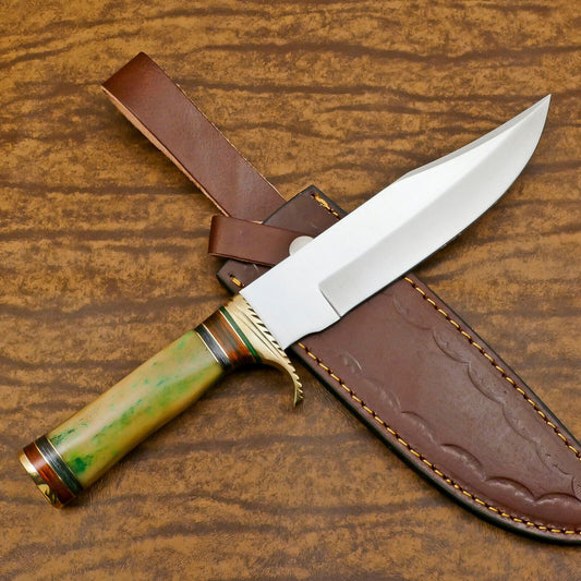 Handmade D2 Steel Bowie EDC Hunting Knife with Bone & Wood Handle – 12 Inch Full Tang