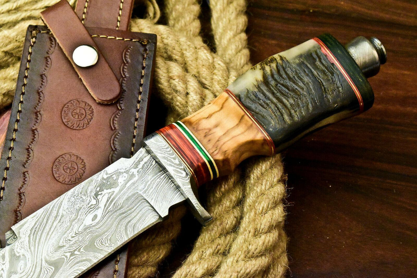 14" Custom Handmade Damascus Steel Bowie Hunting Knife – Ram’s Horn Handle