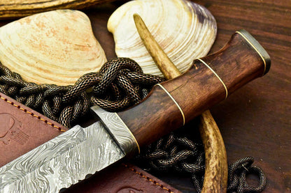 12" Handmade Damascus Bowie Knife – Walnut Wood Handle & Leather Sheath