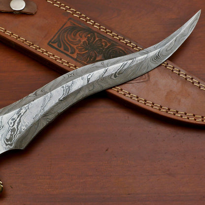 15" Damascus Bowie Knife – Stained Engraved Bone & Pakka Wood Handle with Brass Guard