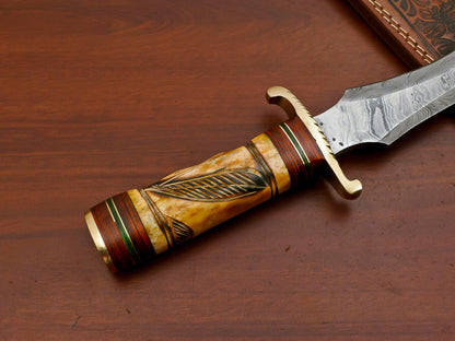 15" Damascus Bowie Knife – Stained Engraved Bone & Pakka Wood Handle with Brass Guard