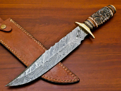 Handmade 15" Custom Engraved Damascus Bowie Hunting Knife – Camel Bone & Pakka Wood Handle