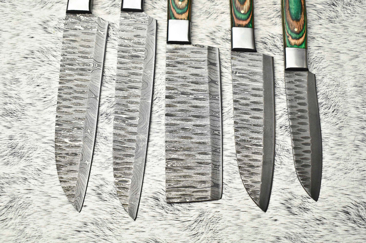 Lot of 5 Handmade Damascus Hammered Full Tang Chef Knife Set with Hardwood Handles