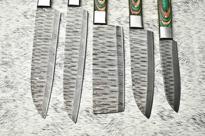 Lot of 5 Handmade Damascus Hammered Full Tang Chef Knife Set with Hardwood Handles