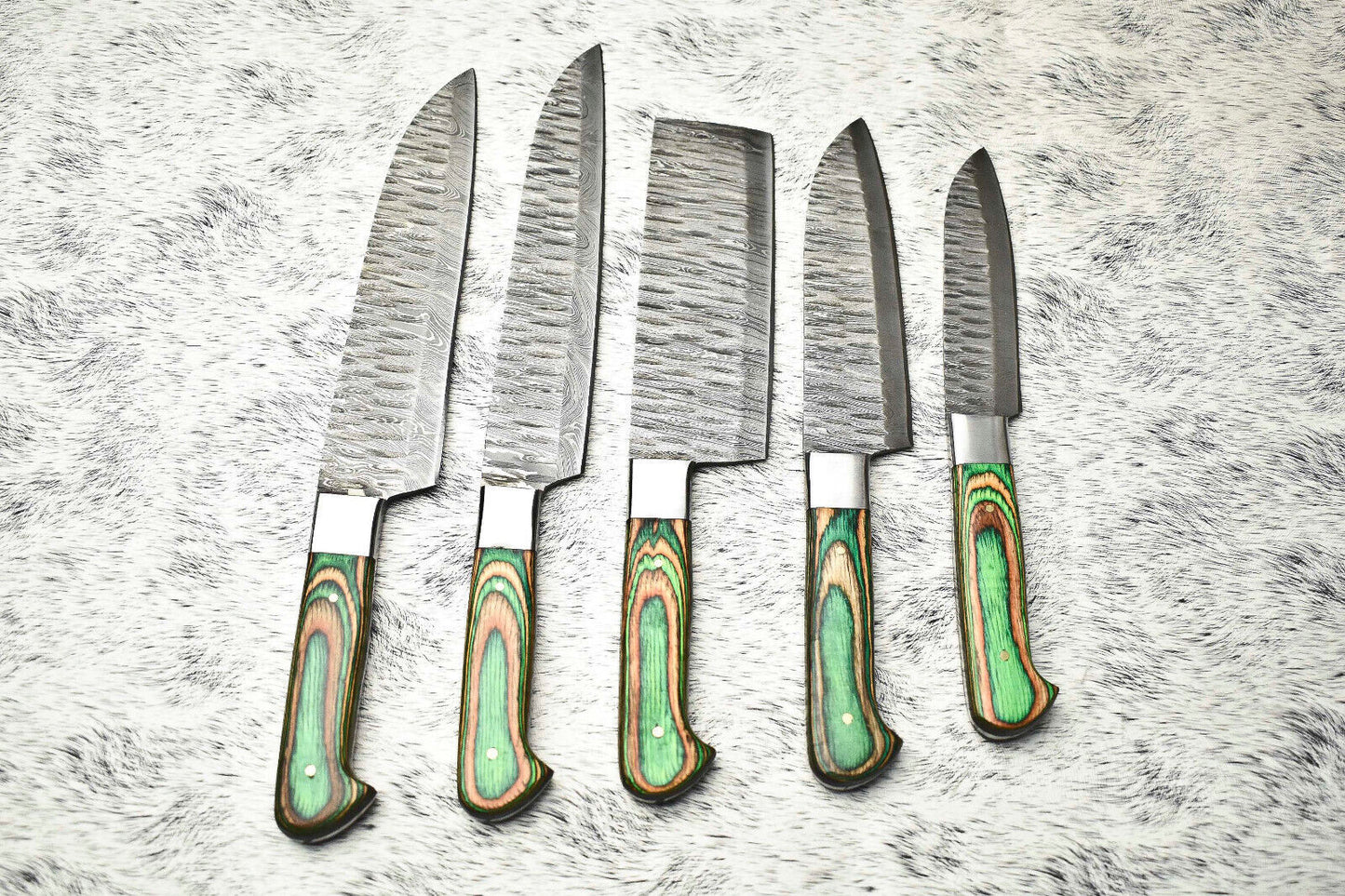 Lot of 5 Handmade Damascus Hammered Full Tang Chef Knife Set with Hardwood Handles