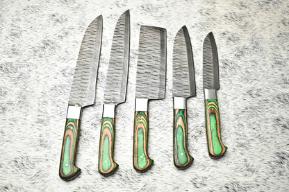 Lot of 5 Handmade Damascus Hammered Full Tang Chef Knife Set with Hardwood Handles