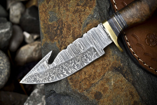 Handmade Damascus Skinner Knife with Gut Hook Corian Handle Twist Pattern – Outdoor Hiking Tool
