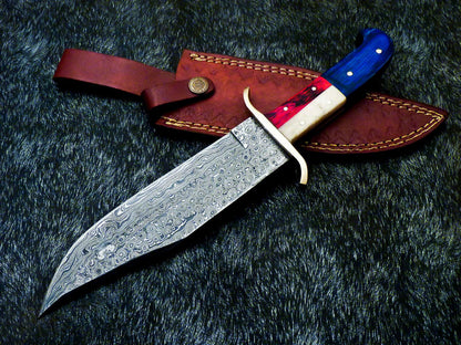 12" Damascus Full Tang Bowie Knife – Texas Flag Handle