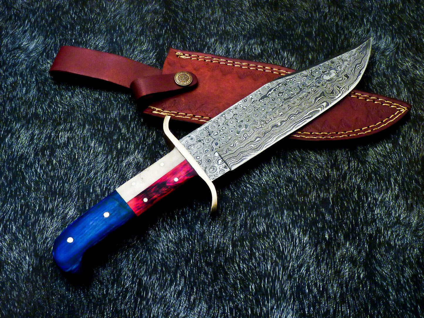 12" Damascus Full Tang Bowie Knife – Texas Flag Handle