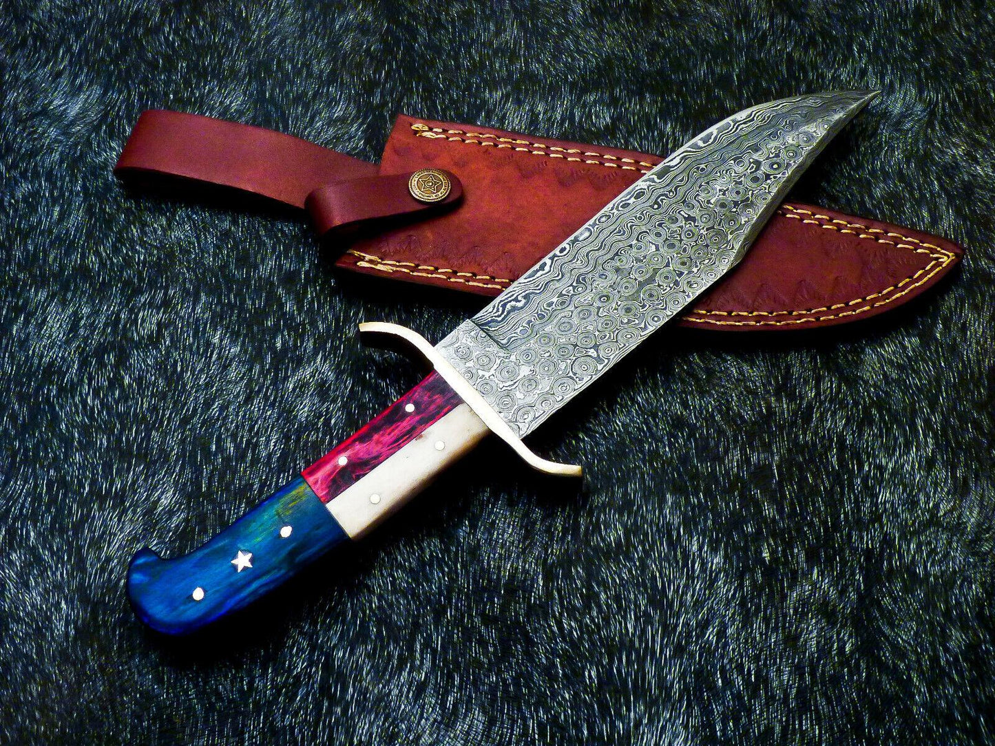12" Damascus Full Tang Bowie Knife – Texas Flag Handle