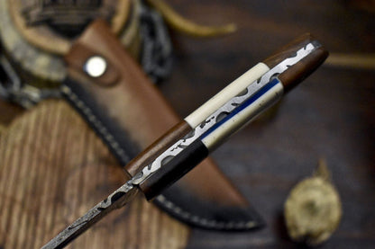 Twist Damascus Skinner Knife Micarta Handle Wooden Bolster for Fishing and Hunting