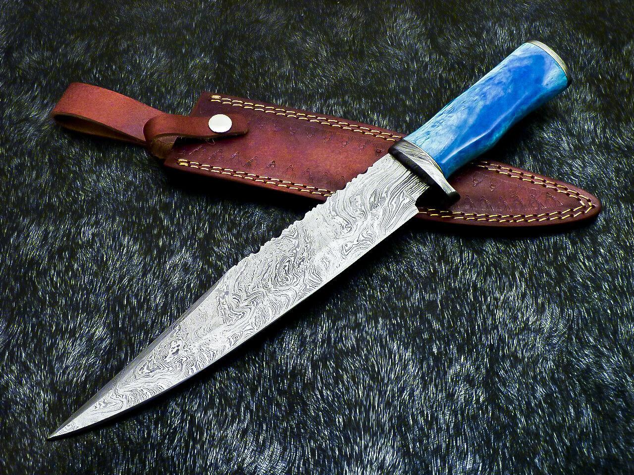 Hand Forged Damascus Steel Bowie Knife – Stained Bone Handle, 14.75" Hunting Blade