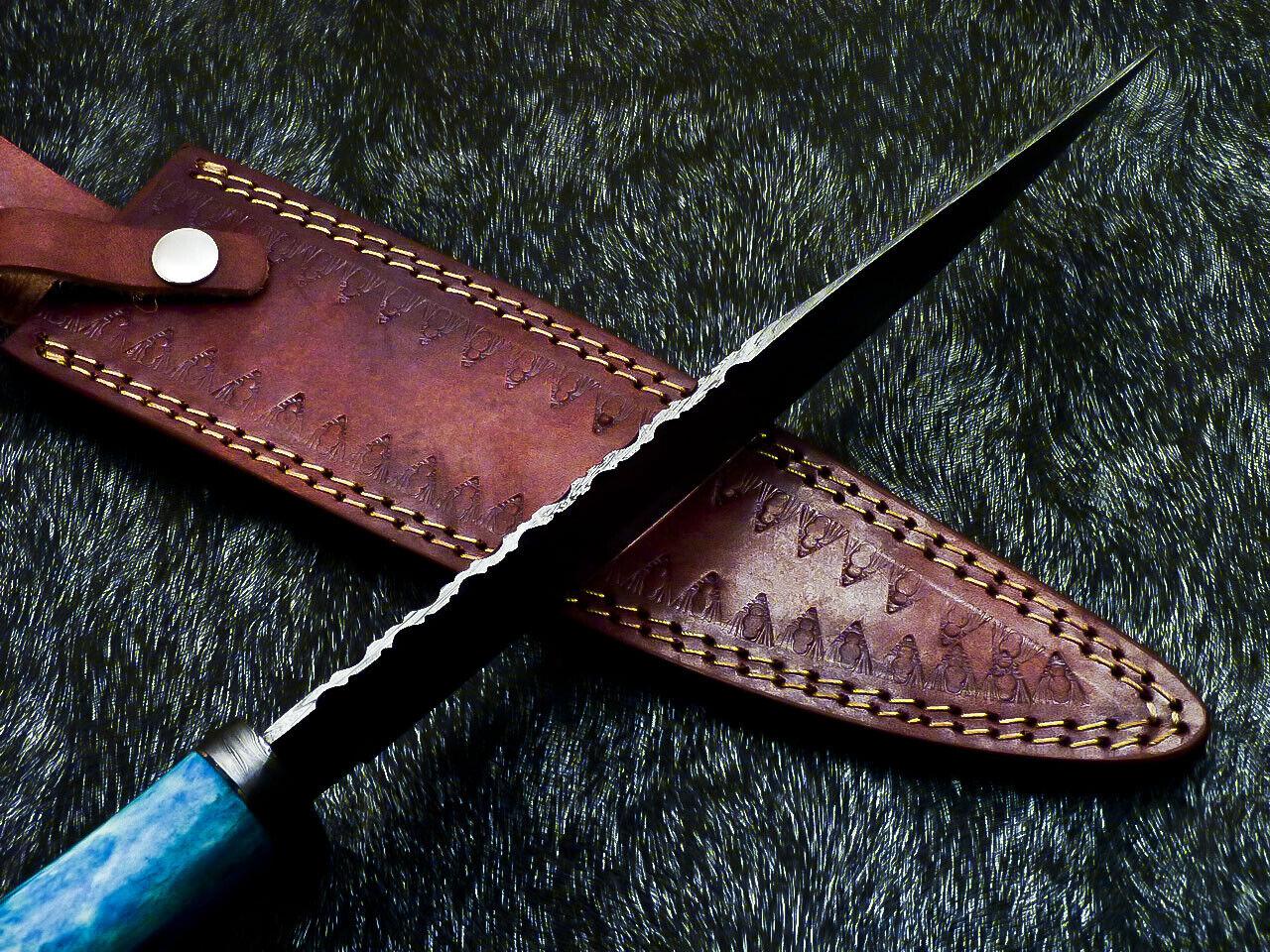 Hand Forged Damascus Steel Bowie Knife – Stained Bone Handle, 14.75" Hunting Blade