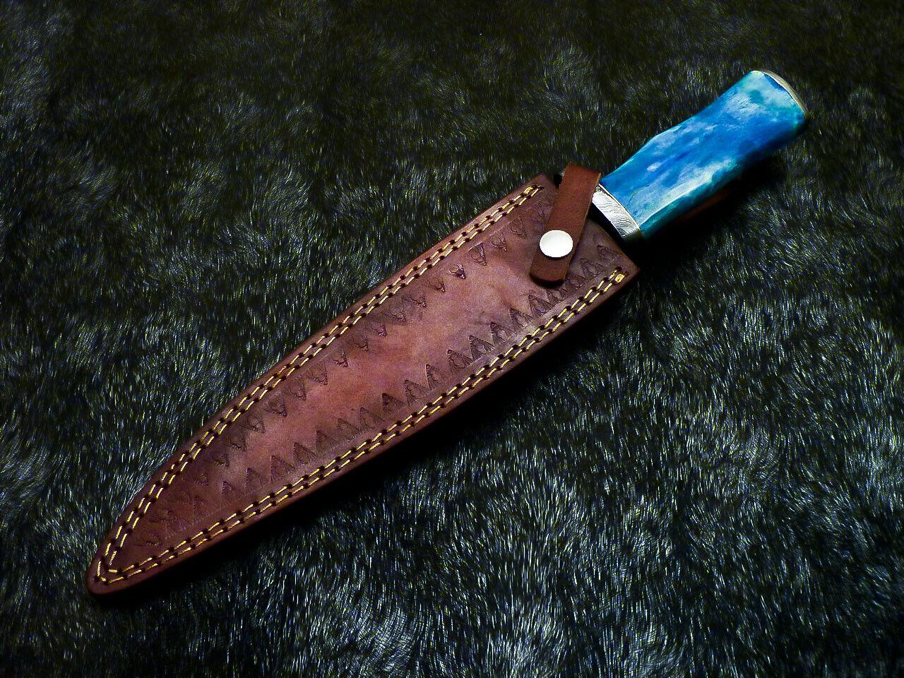 Hand Forged Damascus Steel Bowie Knife – Stained Bone Handle, 14.75" Hunting Blade