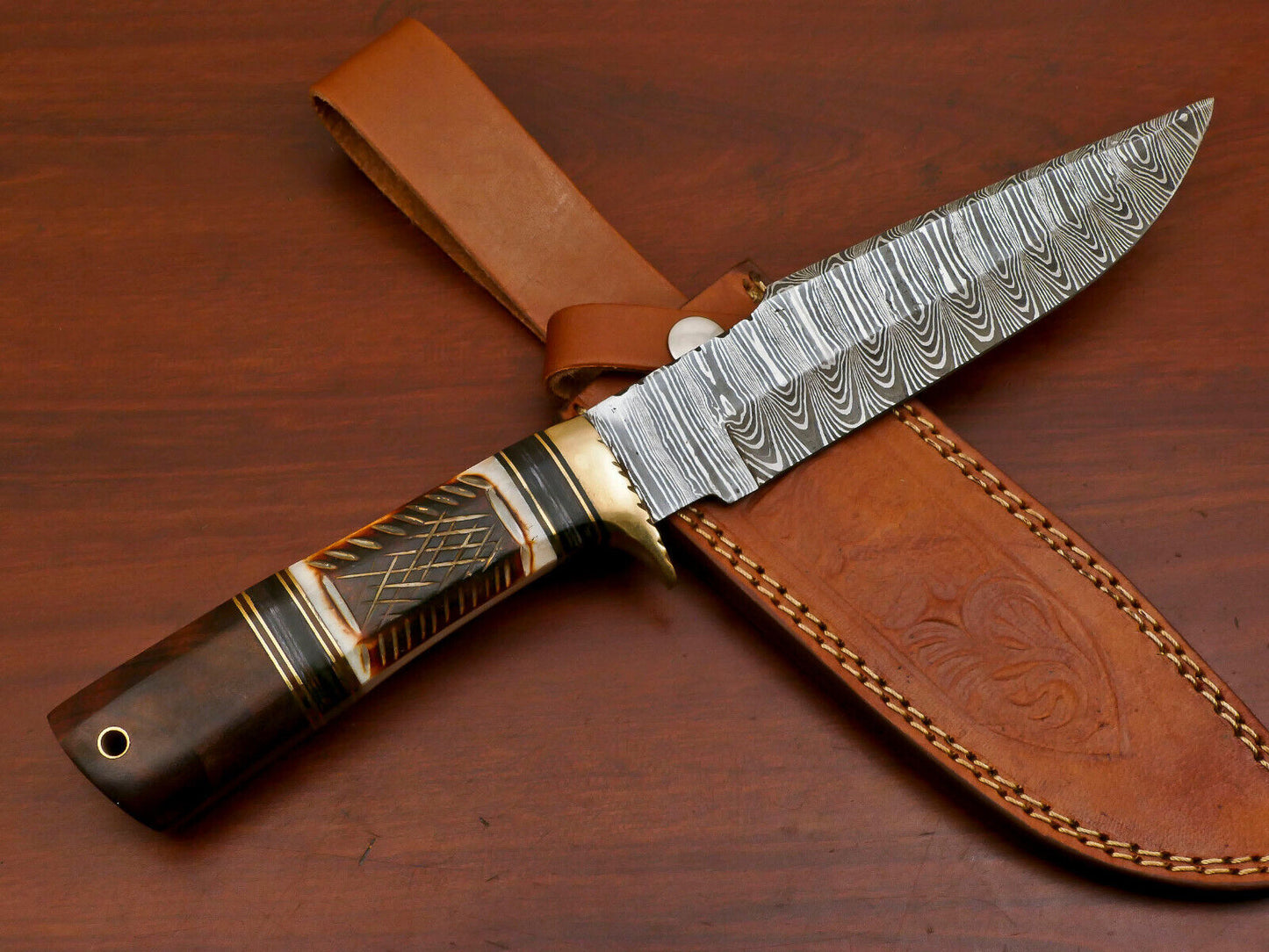 Heritage Forge 12 Inch Damascus Steel Bowie Hunting Knife with Camel Bone and Rose Wood Handle