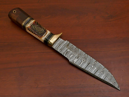 Heritage Forge 12 Inch Damascus Steel Bowie Hunting Knife with Camel Bone and Rose Wood Handle