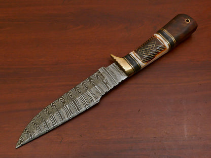 Heritage Forge 12 Inch Damascus Steel Bowie Hunting Knife with Camel Bone and Rose Wood Handle