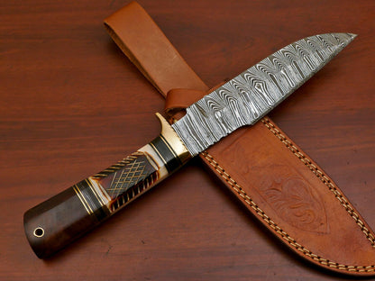 Heritage Forge 12 Inch Damascus Steel Bowie Hunting Knife with Camel Bone and Rose Wood Handle