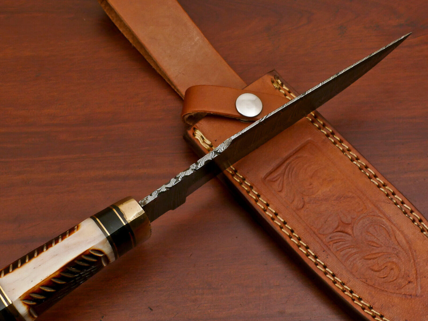 Heritage Forge 12 Inch Damascus Steel Bowie Hunting Knife with Camel Bone and Rose Wood Handle