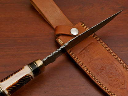 Heritage Forge 12 Inch Damascus Steel Bowie Hunting Knife with Camel Bone and Rose Wood Handle