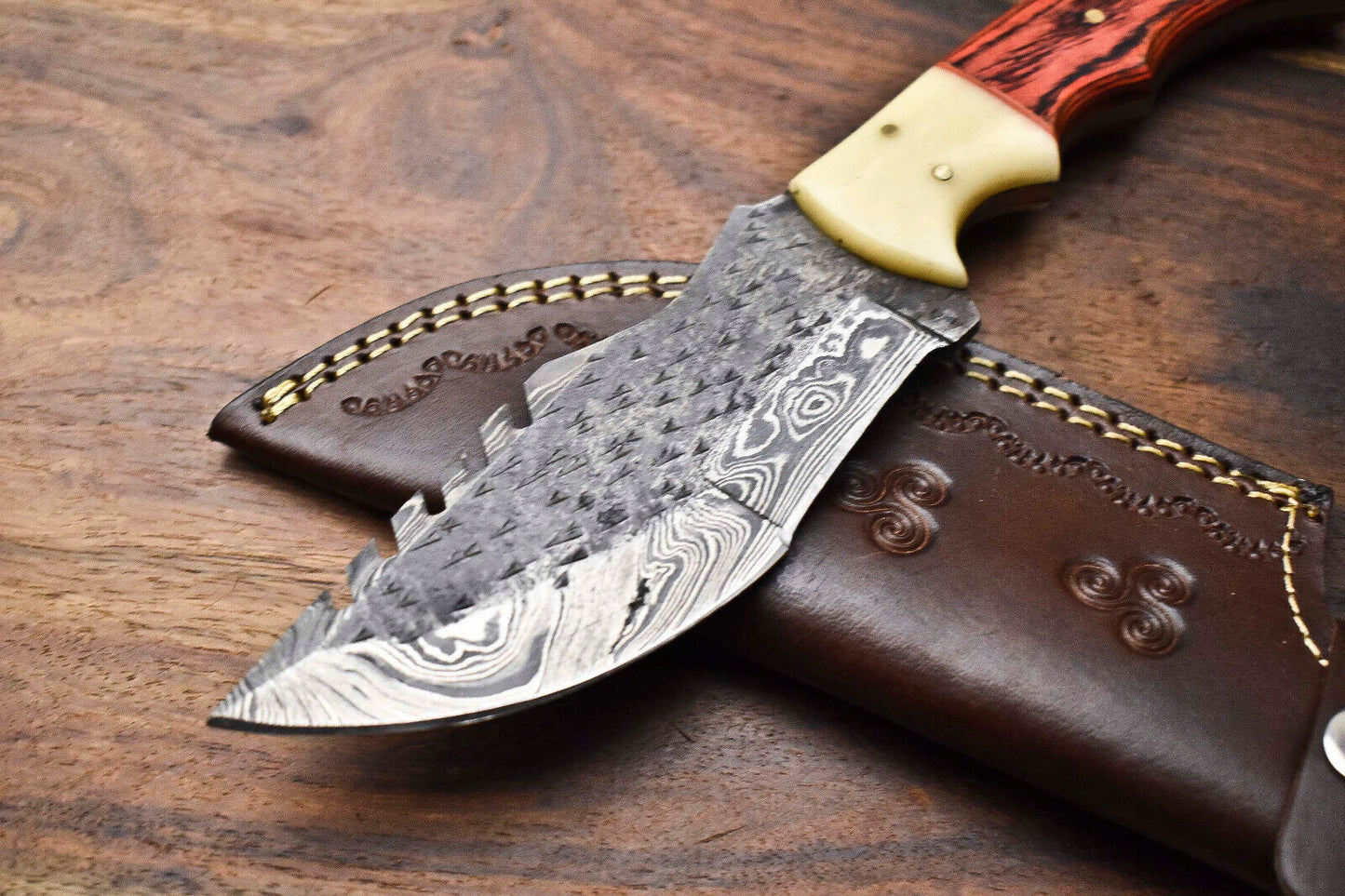 Rare Handmade Damascus Tracker Knife | 384-Layer Full Tang Blade with Leather Sheath for Camping