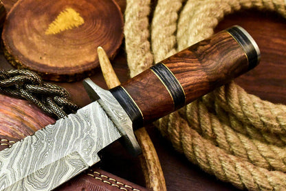 13" Custom Handmade Damascus Steel Bowie Hunting Knife | Walnut Wood Handle & Leather Sheath