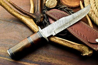 13" Custom Handmade Damascus Steel Bowie Hunting Knife | Walnut Wood Handle & Leather Sheath
