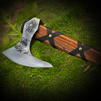 Ragnar Viking Axe Hand Forged Carbon Steel Battle Hatchet Tomahawk with Ash Wood Handle and Leather Sheath