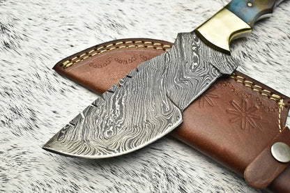 Rare Handmade Damascus Steel Camping Tracker Knife | Full Tang with Leather Sheath