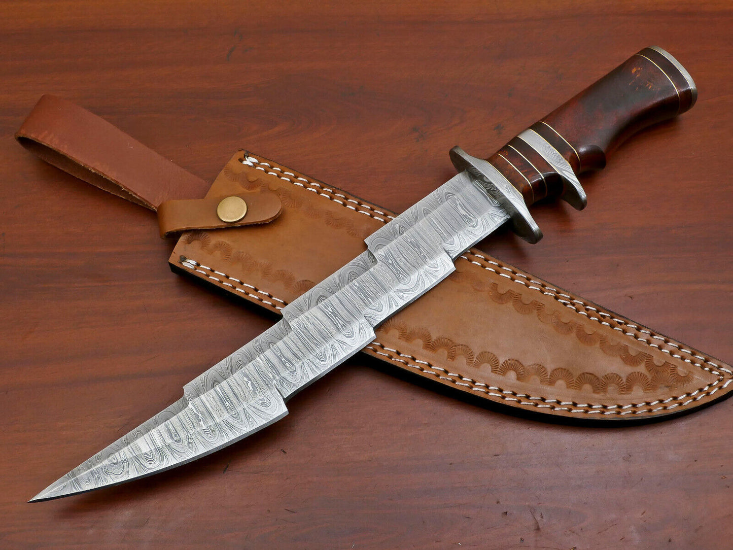 15" Damascus Kriss Blade Bowie Knife – Rosewood Handle & Custom Sheath