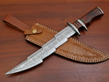 15" Damascus Kriss Blade Bowie Knife – Rosewood Handle & Custom Sheath