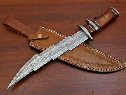 15" Damascus Kriss Blade Bowie Knife – Rosewood Handle & Custom Sheath
