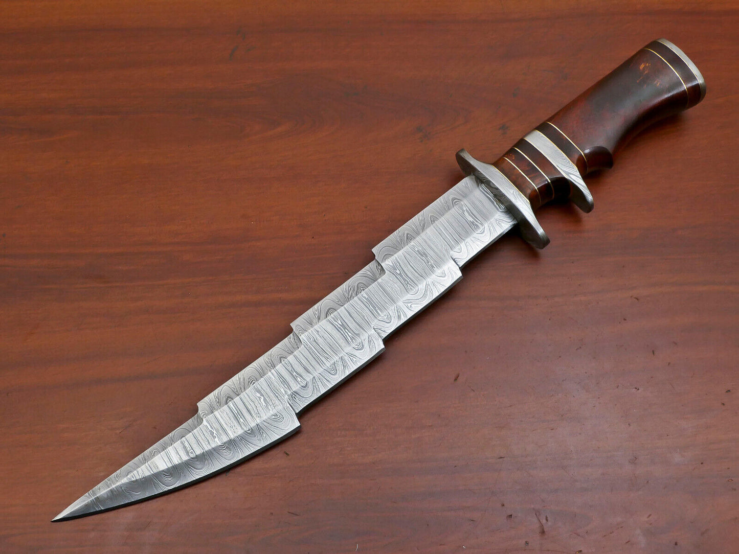 15" Damascus Kriss Blade Bowie Knife – Rosewood Handle & Custom Sheath