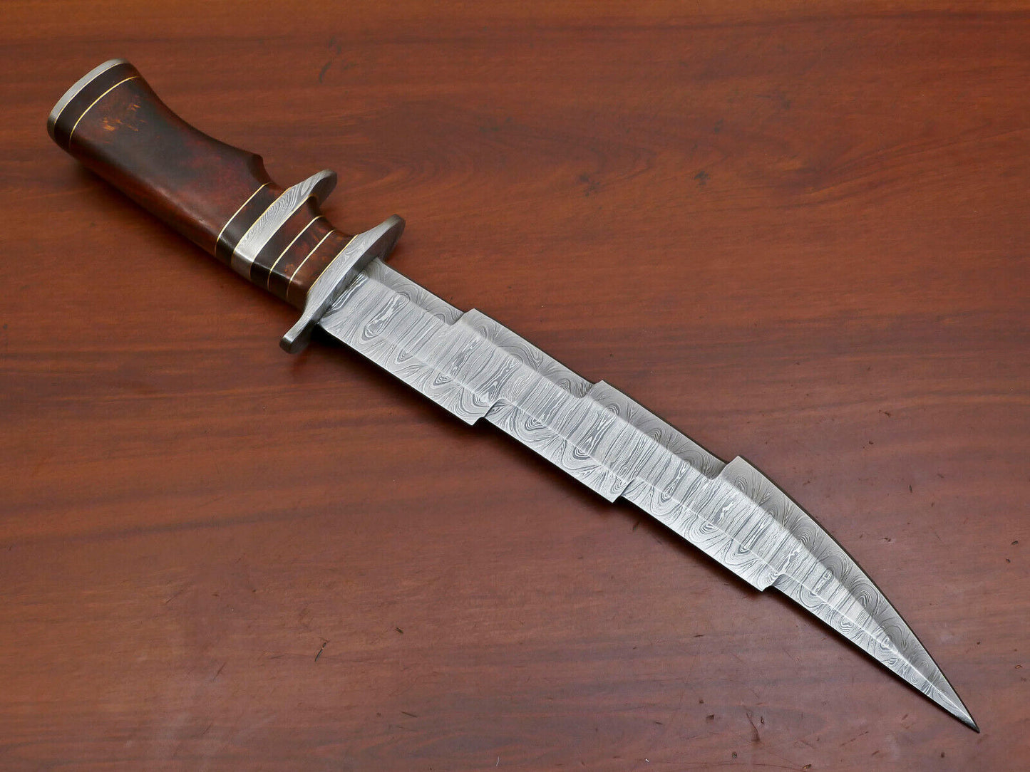 15" Damascus Kriss Blade Bowie Knife – Rosewood Handle & Custom Sheath