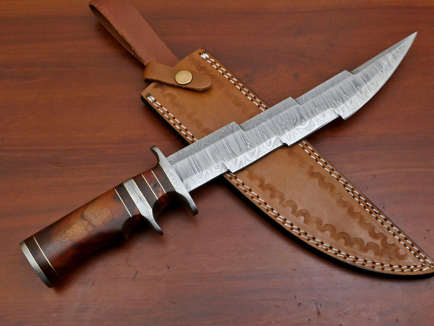 15" Damascus Kriss Blade Bowie Knife – Rosewood Handle & Custom Sheath